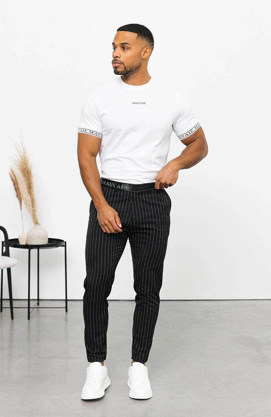 Pinstripe Pants with Half Belt in Black