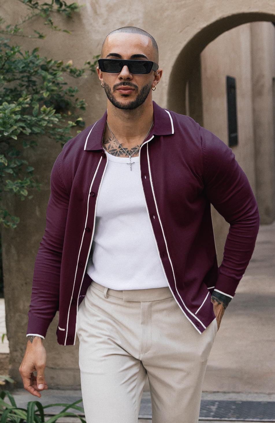 Luciano Long Sleeve Slim Knit Shirt in Burgundy