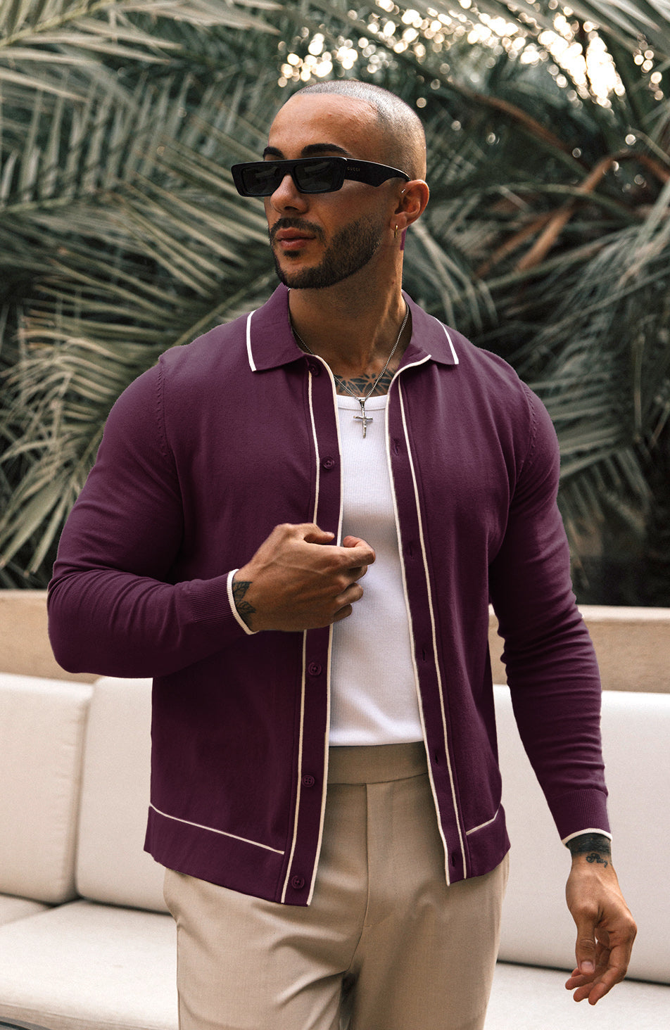 Luciano Long Sleeve Slim Knit Shirt in Burgundy