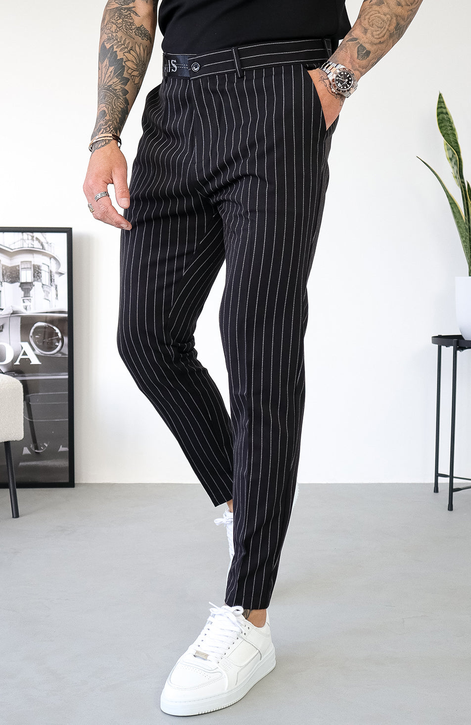 Pinstripe Pants with Half Belt in Black – MAUVAIS (USA)