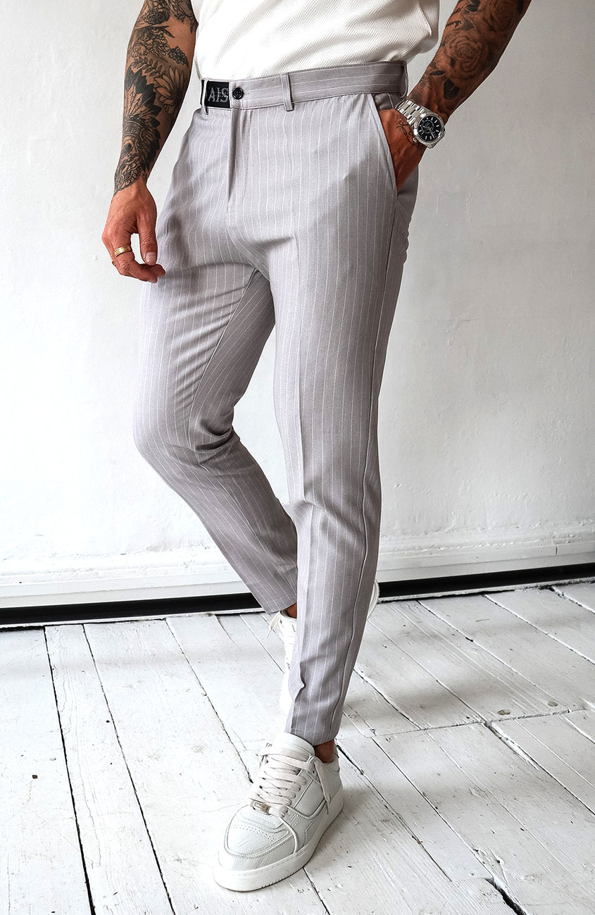 Pinstripe Pants with Half Belt in Grey