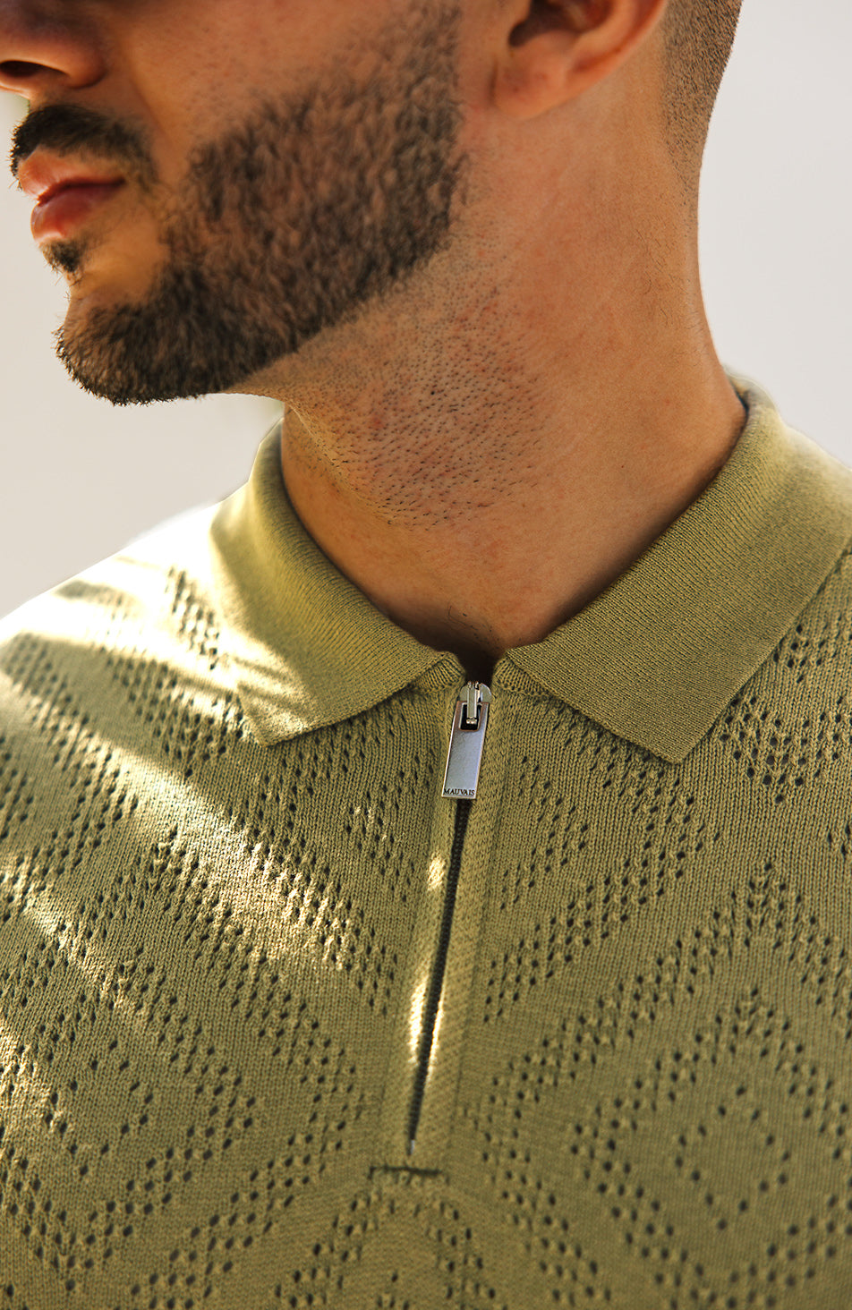 Chalbi Slim Pointelle Zip Polo in Green
