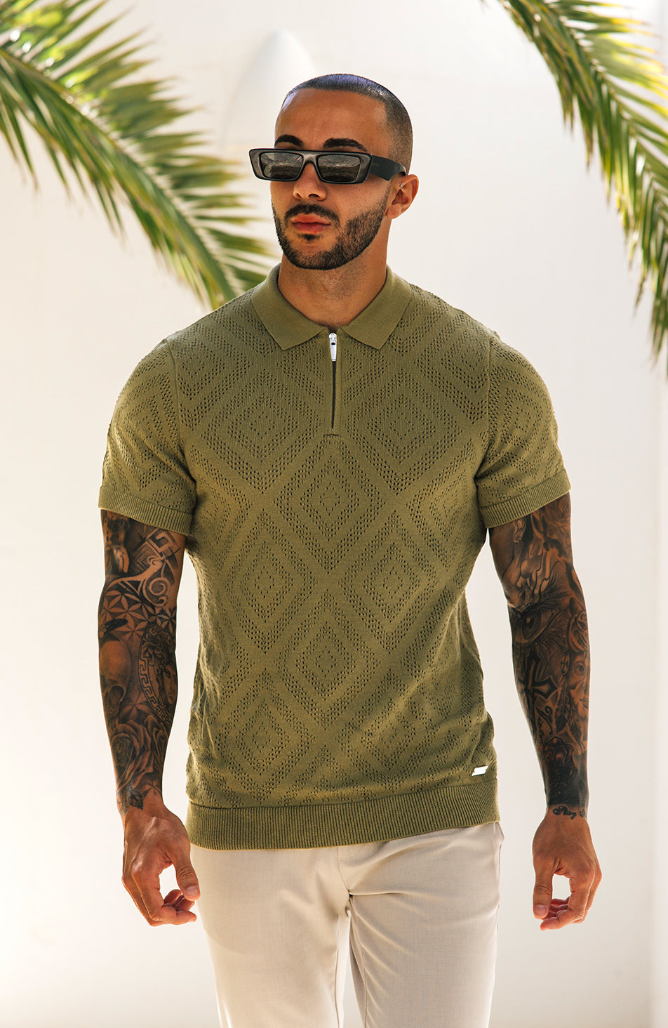 Chalbi Slim Pointelle Zip Polo in Green