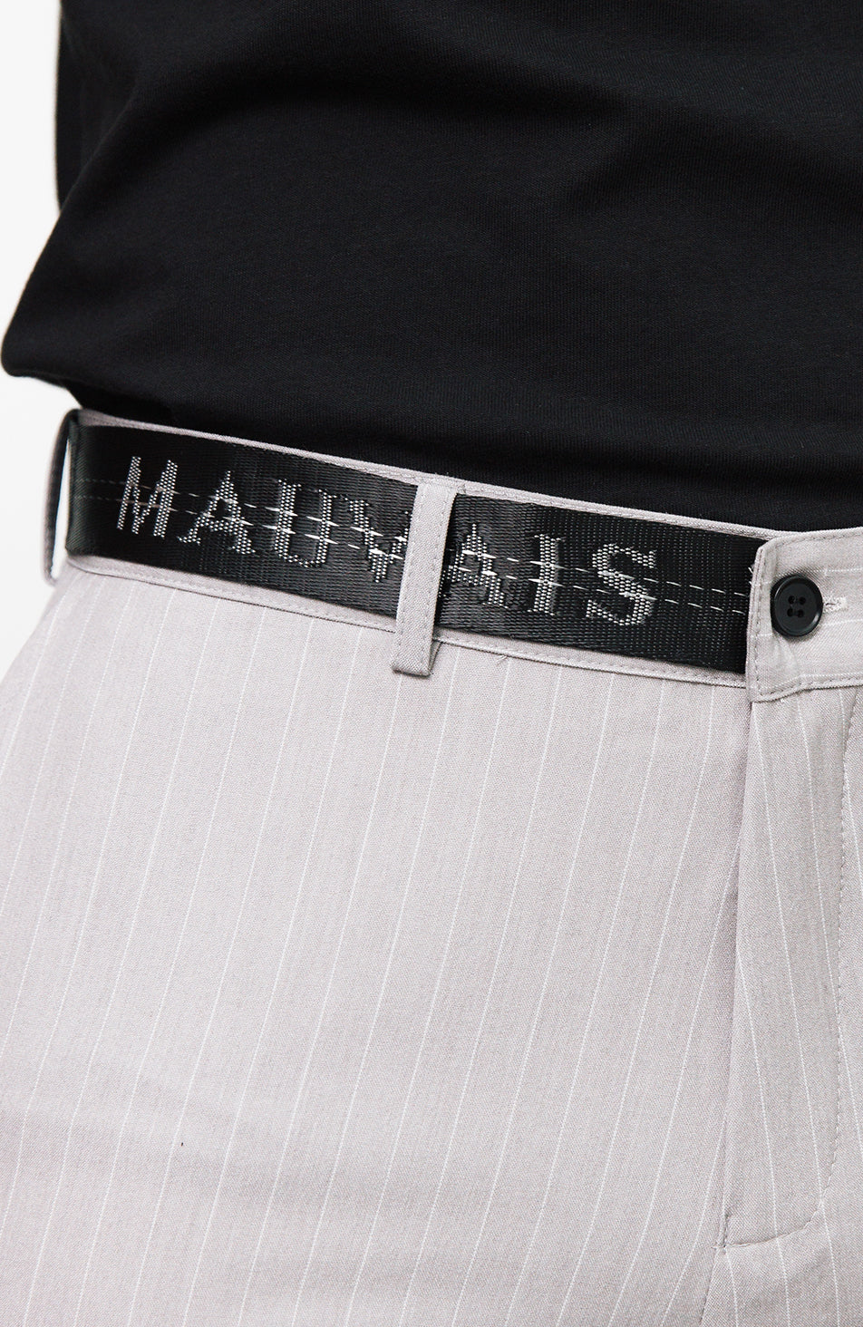 Pinstripe Pants with Half Belt in Grey