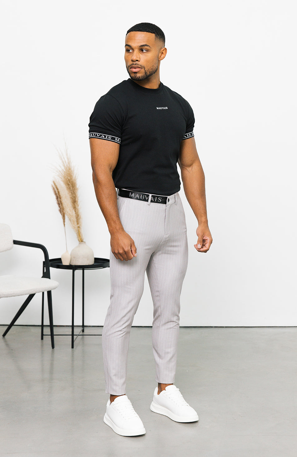 Pinstripe Pants with Half Belt in Grey