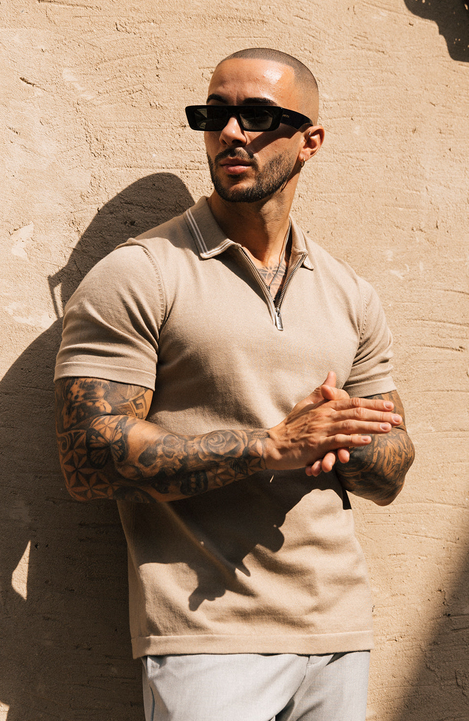 Newbury Slim Zip Polo in Taupe