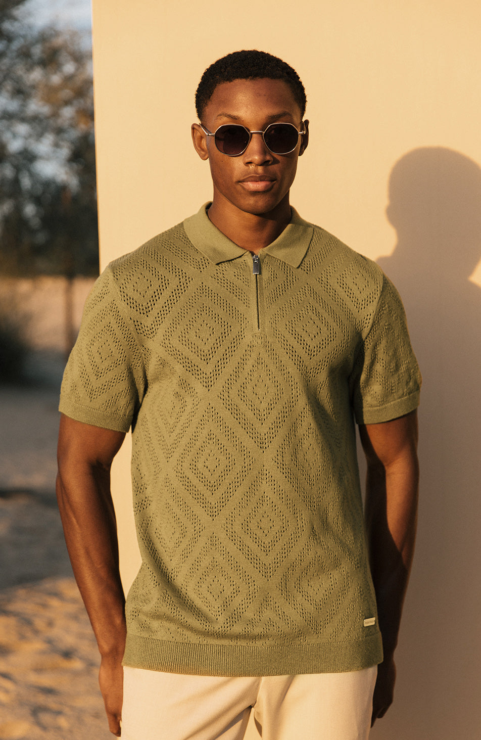 Chalbi Slim Pointelle Zip Polo in Green