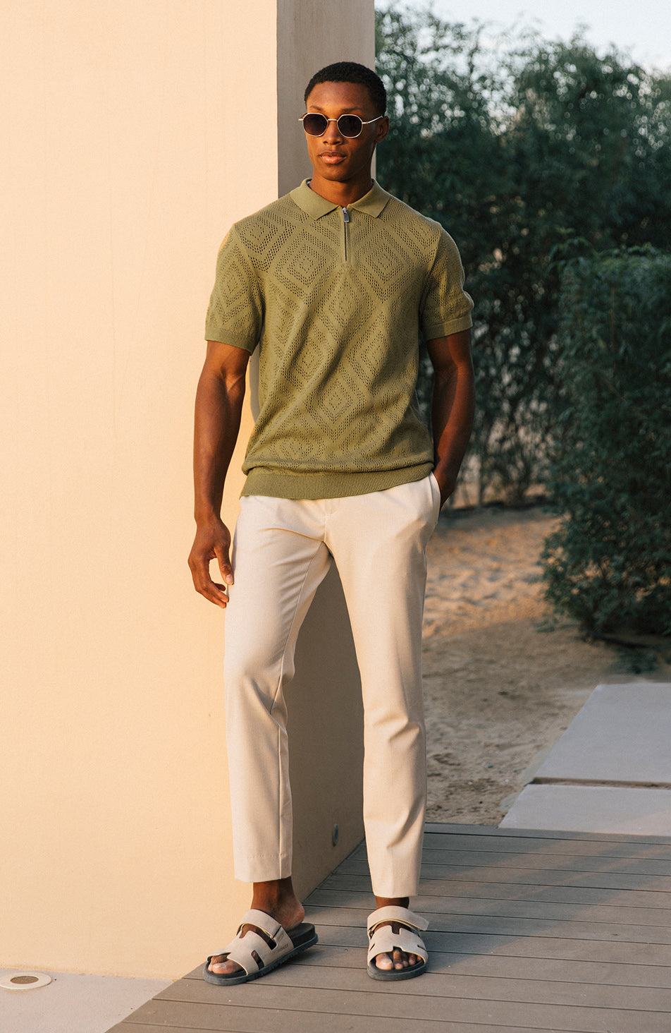 Chalbi Slim Pointelle Zip Polo in Green