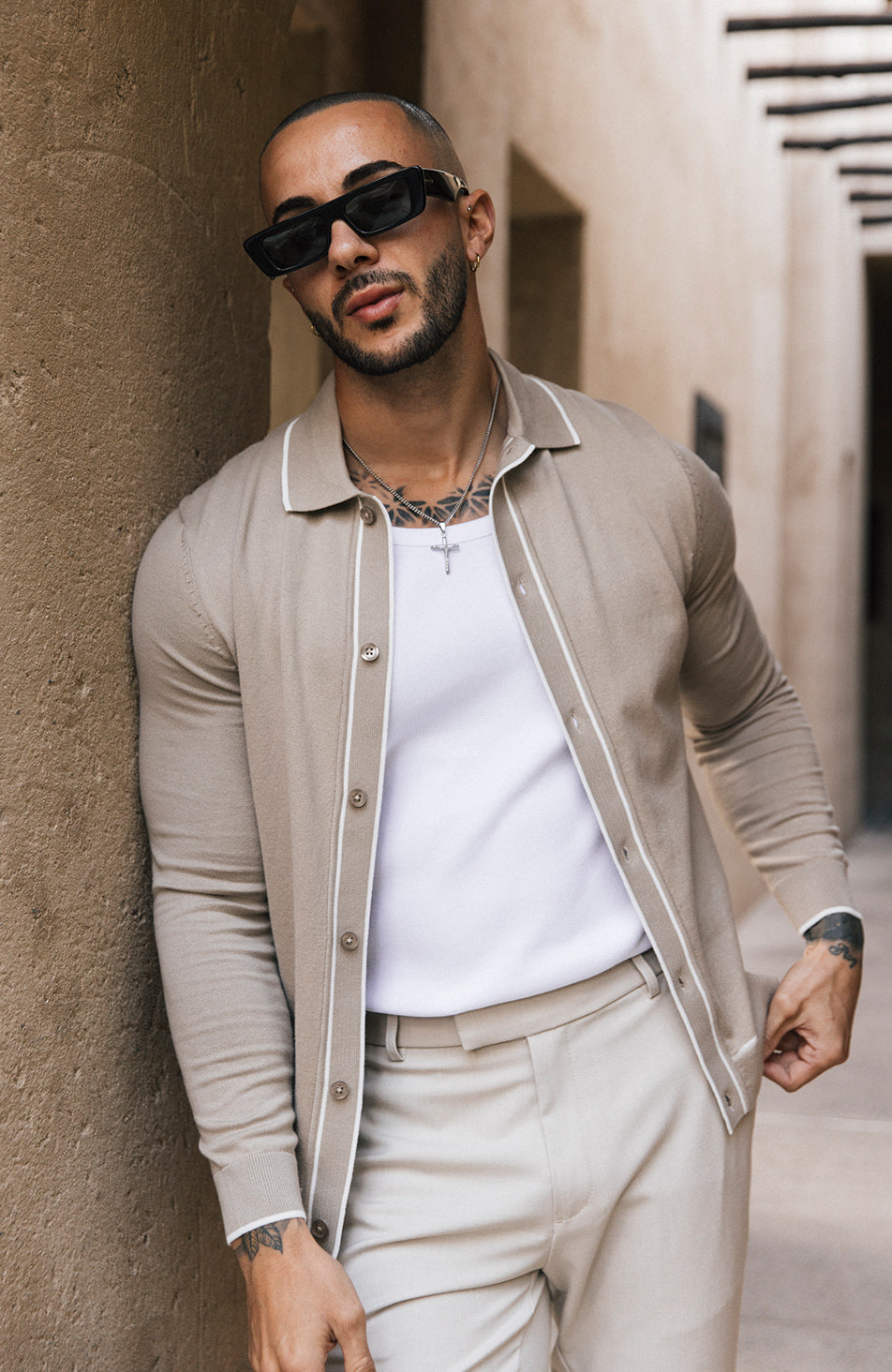 Luciano Long Sleeve Slim Knit Shirt in Beige