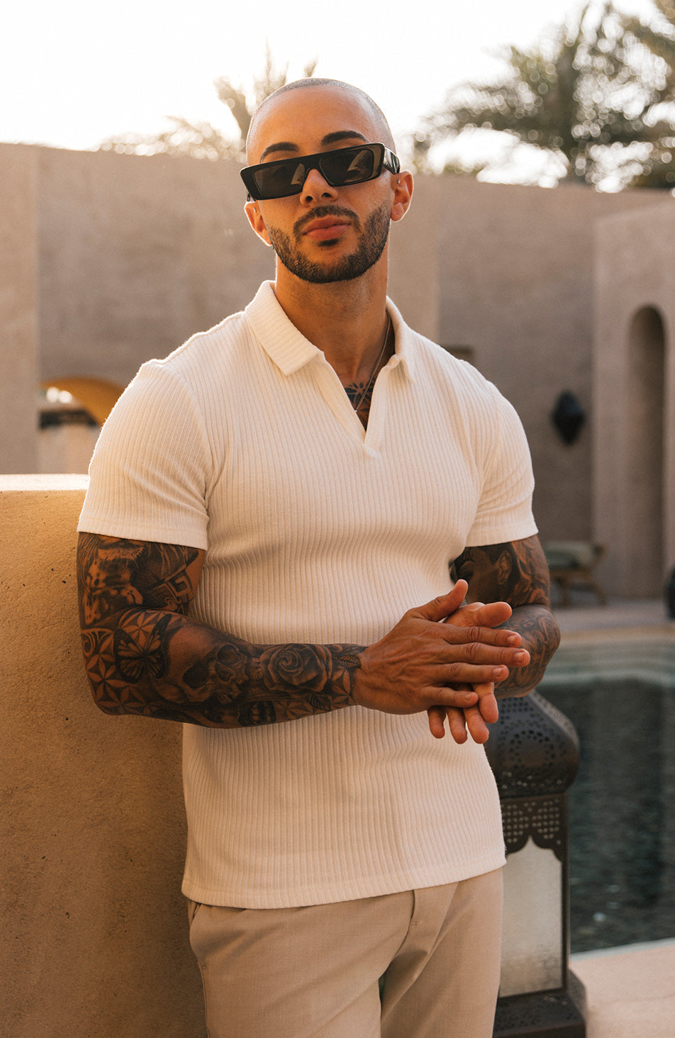 Elysee Slim Ribbed Revere Polo in White