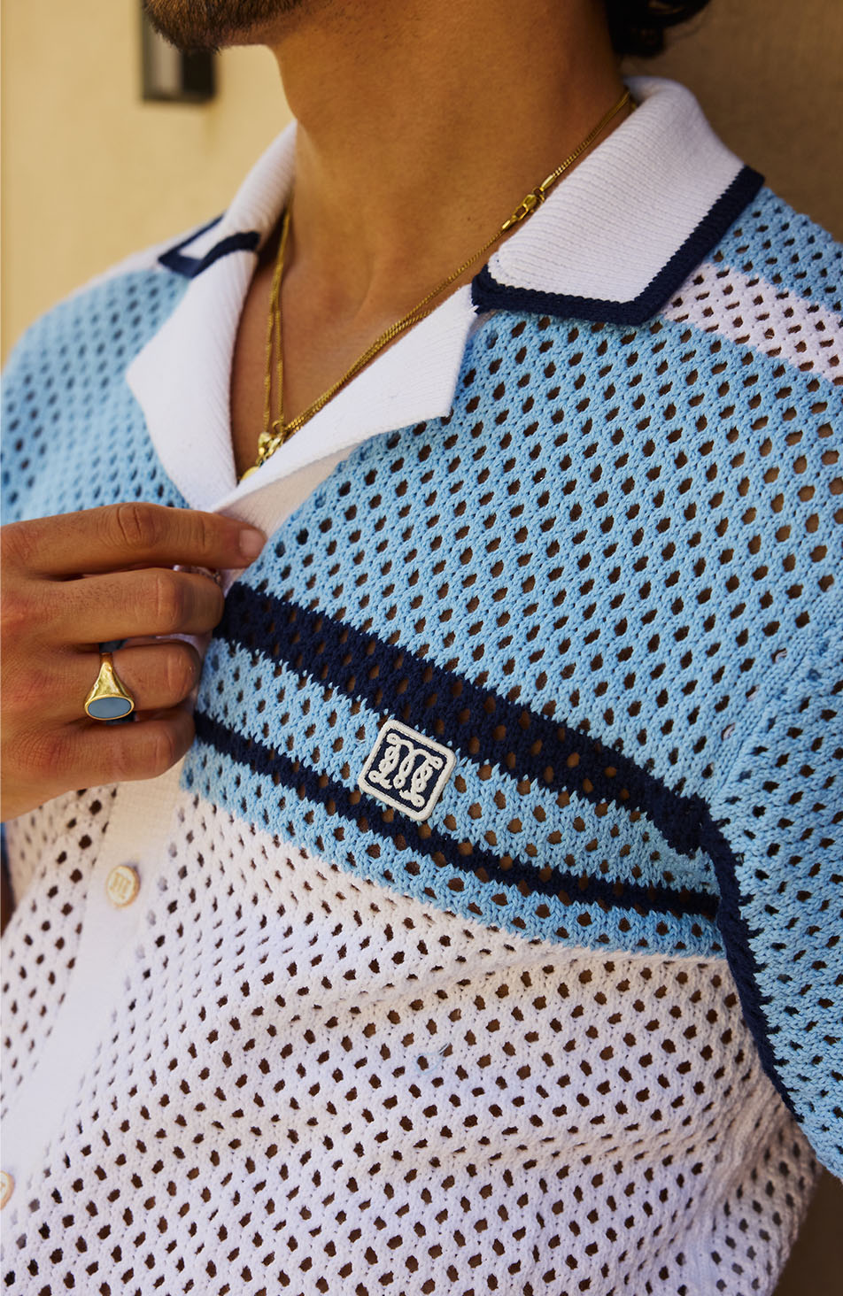 Malibu Cotton Short Sleeve Crochet Shirt in Blue and White