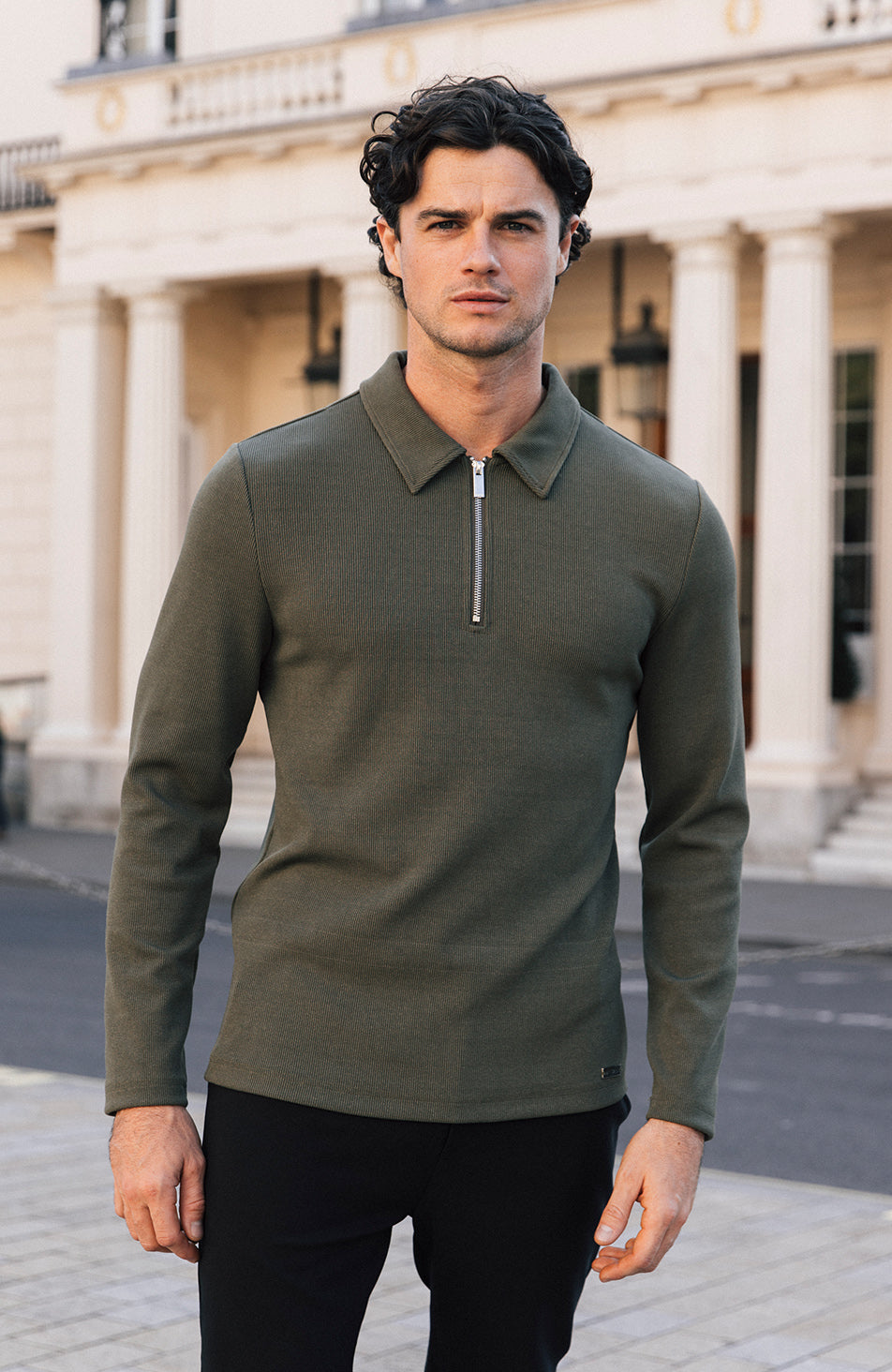 Rivoli Premium Rib Long Sleeve Zip Polo in Khaki