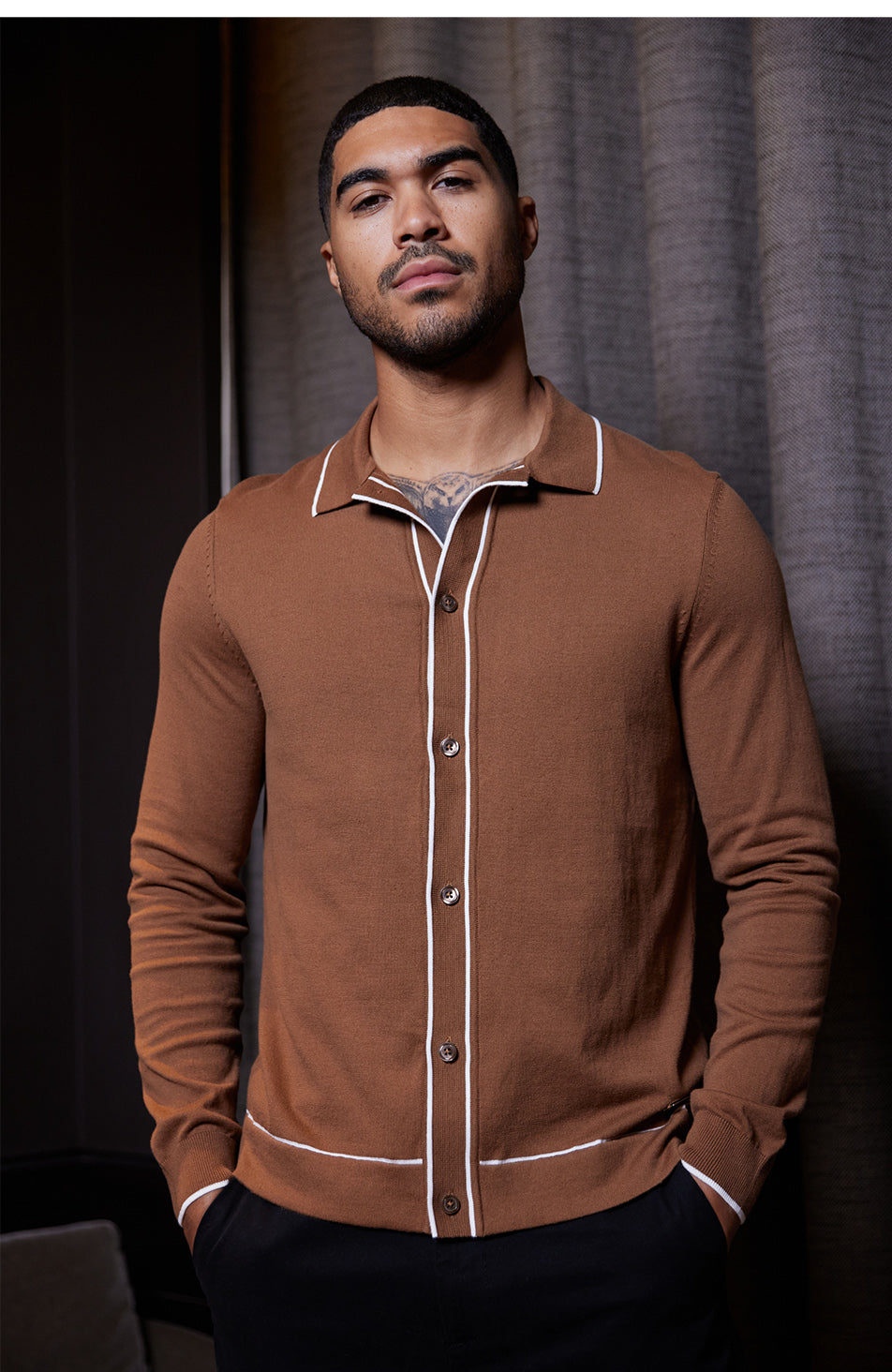 Luciano Long Sleeve Slim Knit Shirt in Taupe