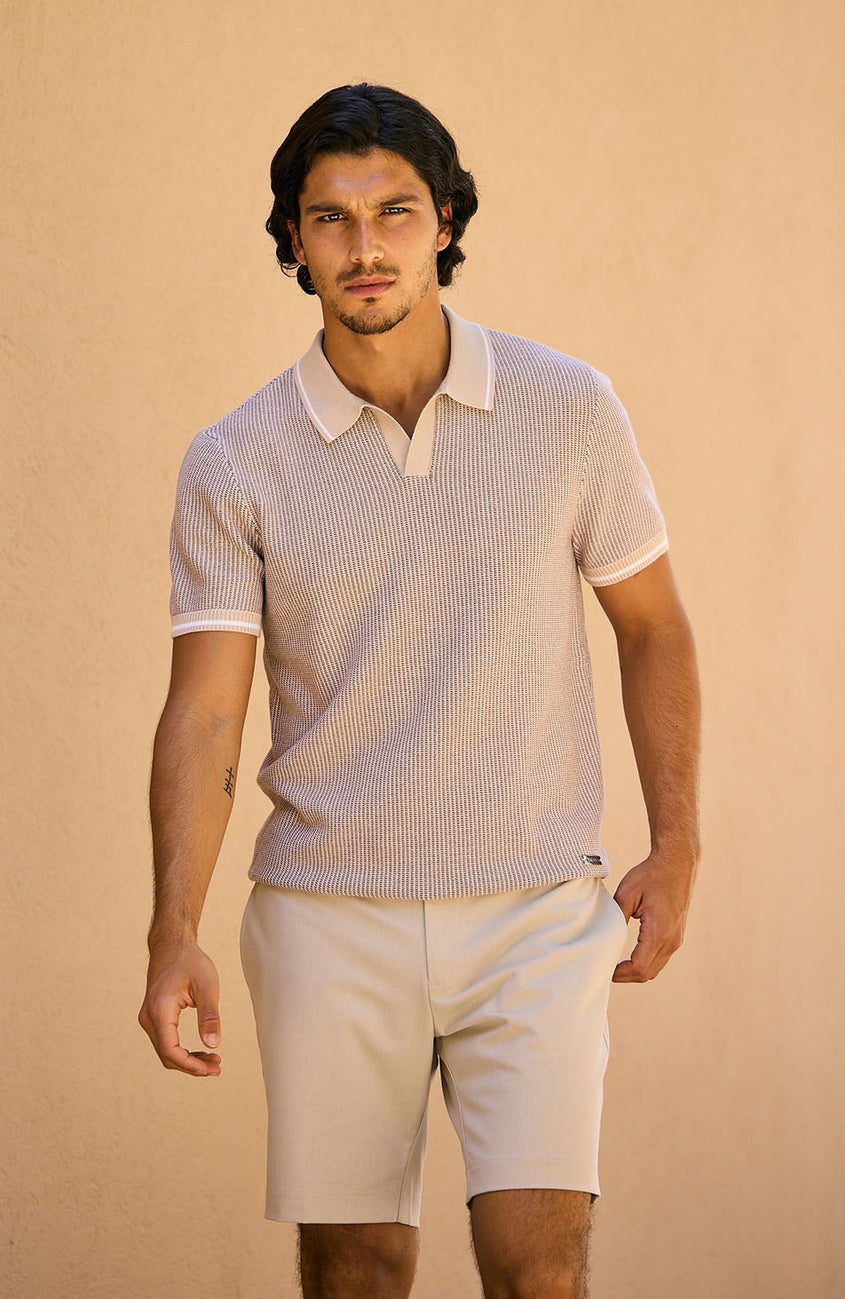 Giordini Tipped Birdseye Knit Polo in Beige