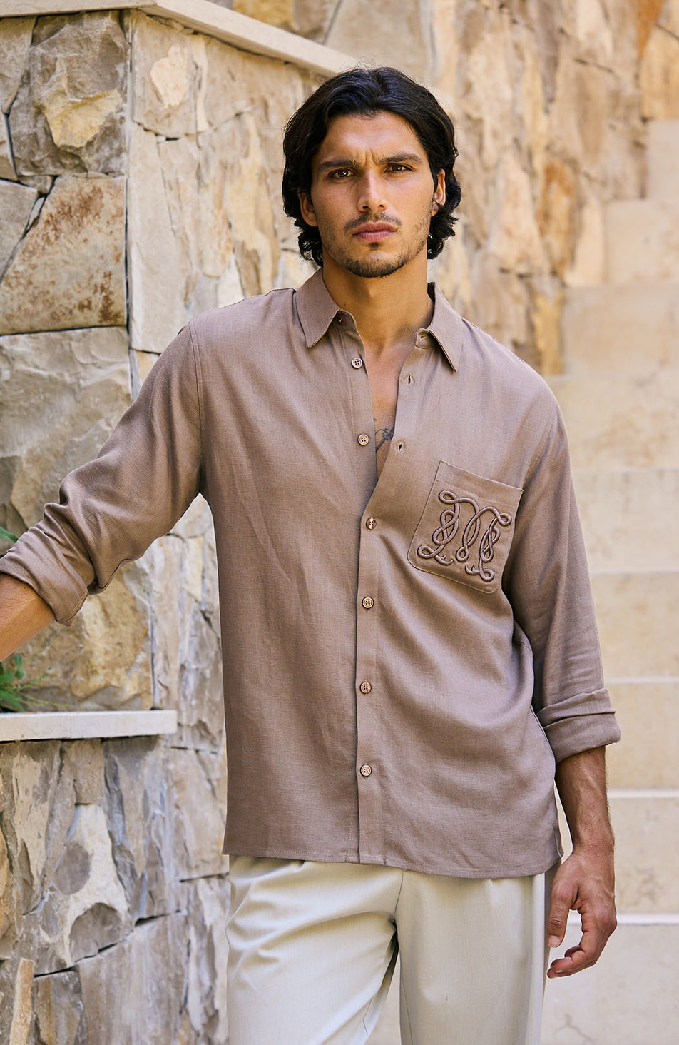 Monogram Linen Blend Embroidered Shirt in Brown