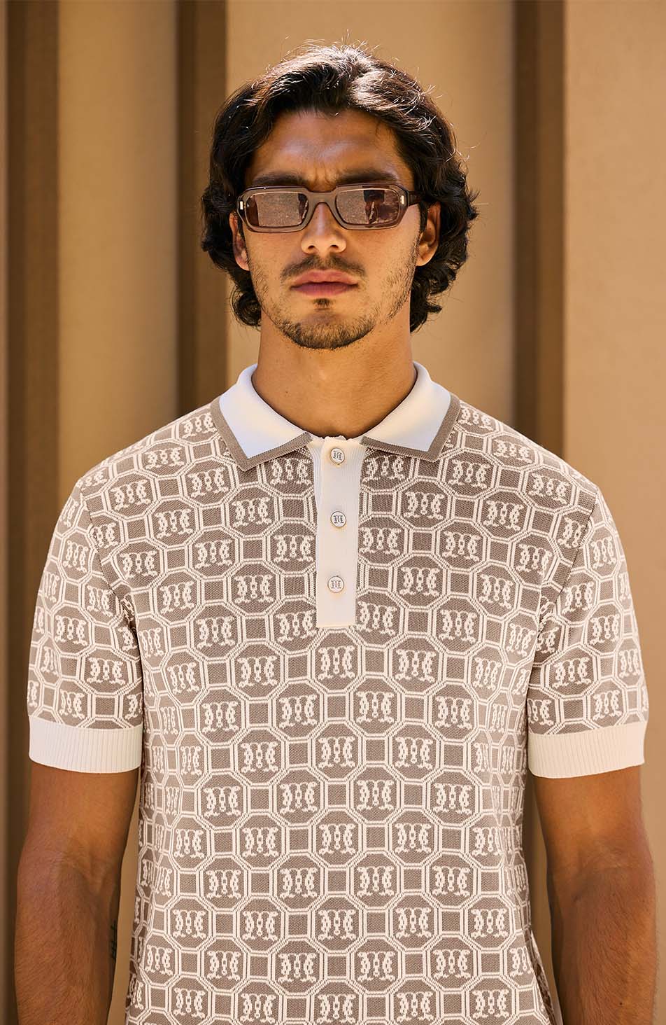 Monogram Jacquard Knit Polo in Beige