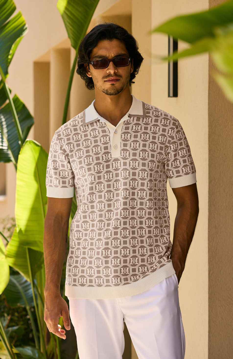 Monogram Jacquard Knit Polo in Beige