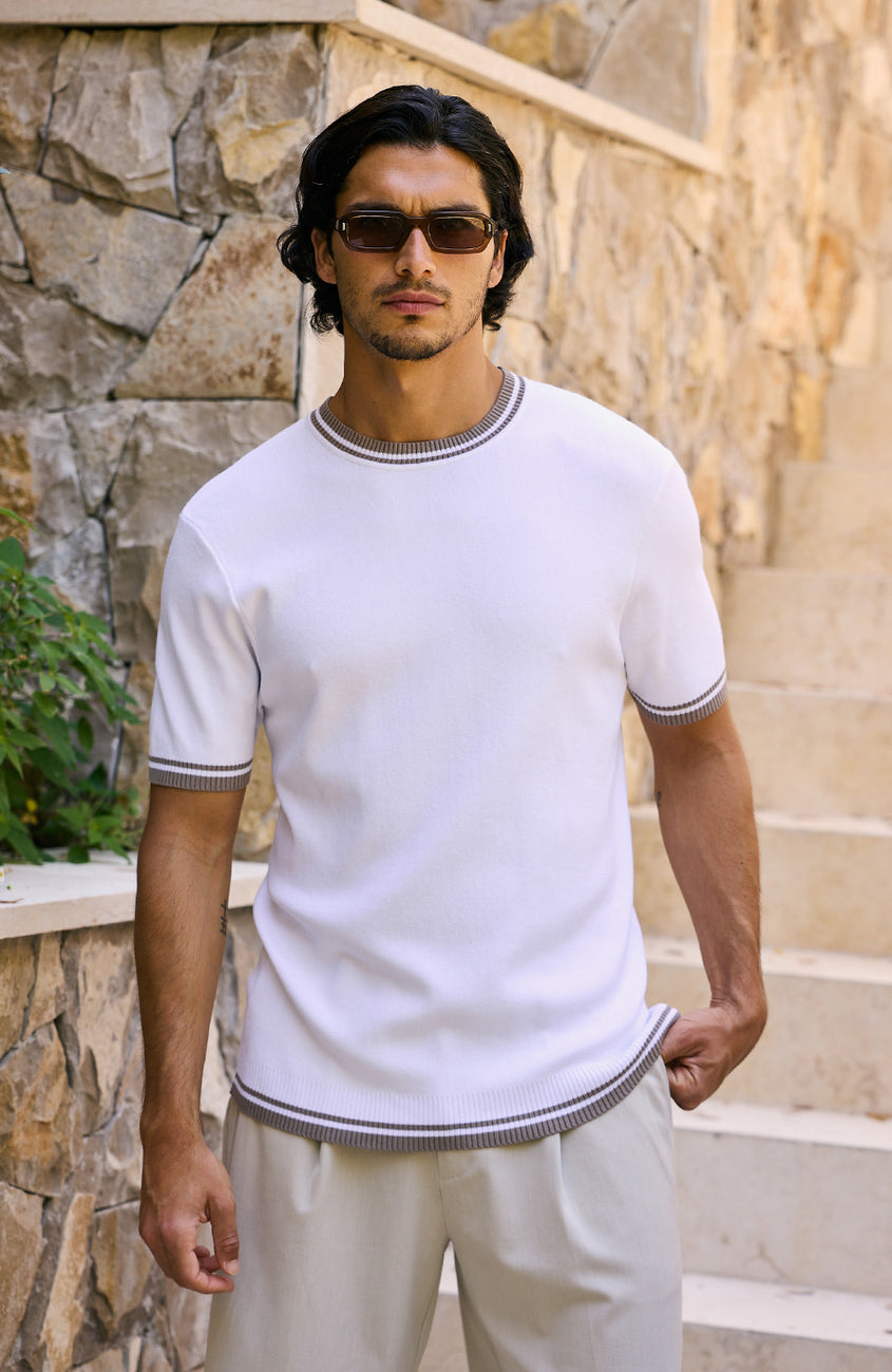 Riccio Slim Knit Tipped Tee in White