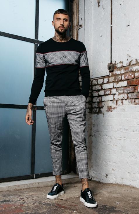 Check Cropped Pants with Detachable Chain in Grey