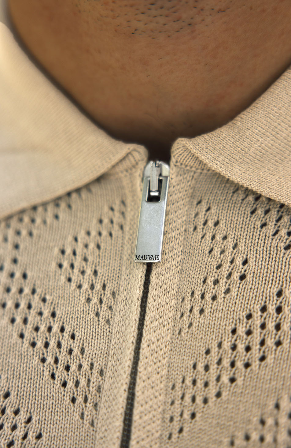Chalbi Slim Fit Knit Pointelle Zip Polo in Beige