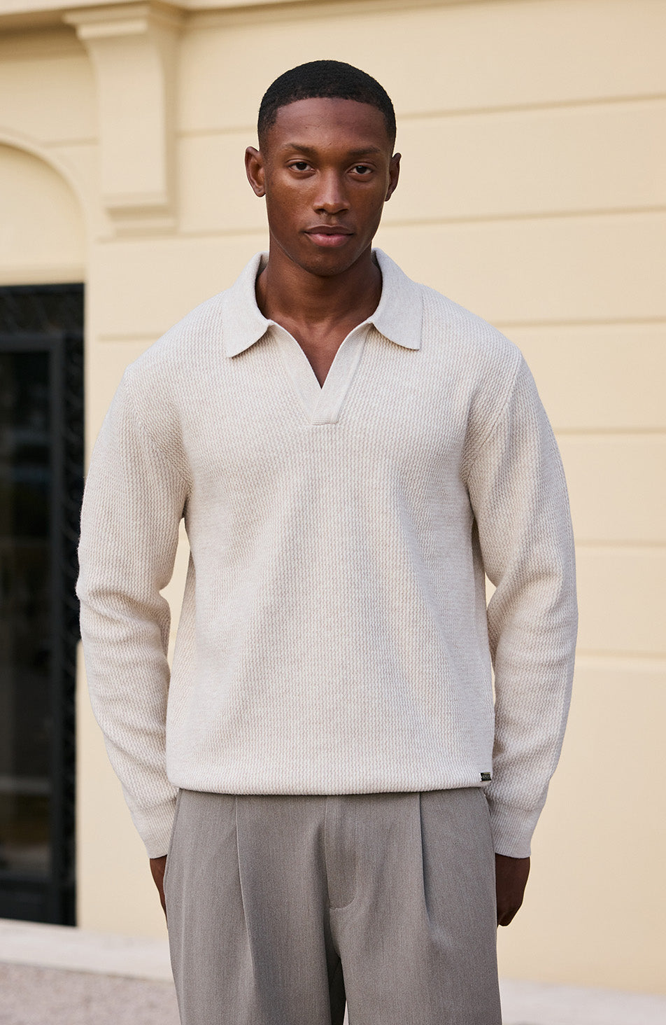 Dolce Relaxed Fit Long Sleeve Revere Jumper in Beige