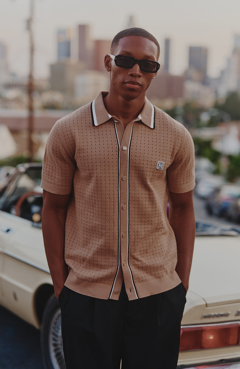 Marmont Pointelle Knitted Short Sleeve Shirt in Taupe