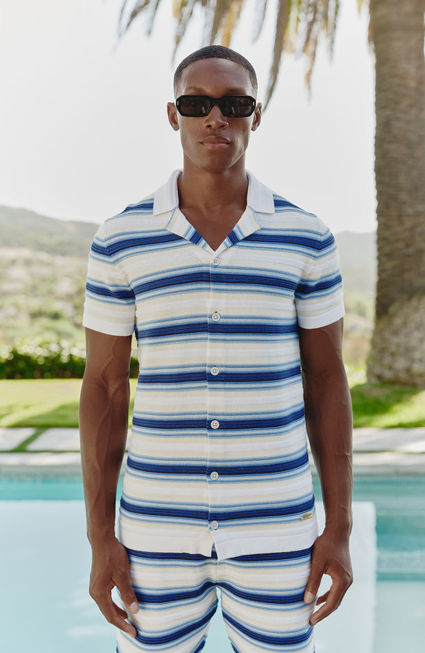 Ombre Short Sleeve Stripe Knitted Shirt in Blue