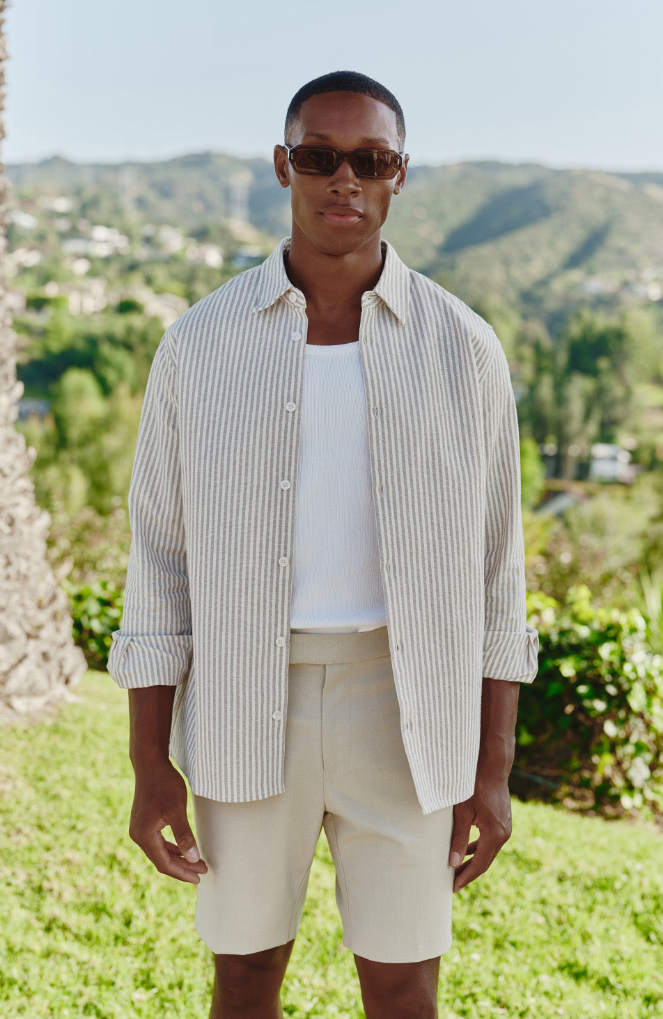 Balencio Embroidered Stripe Shirt in Beige and White