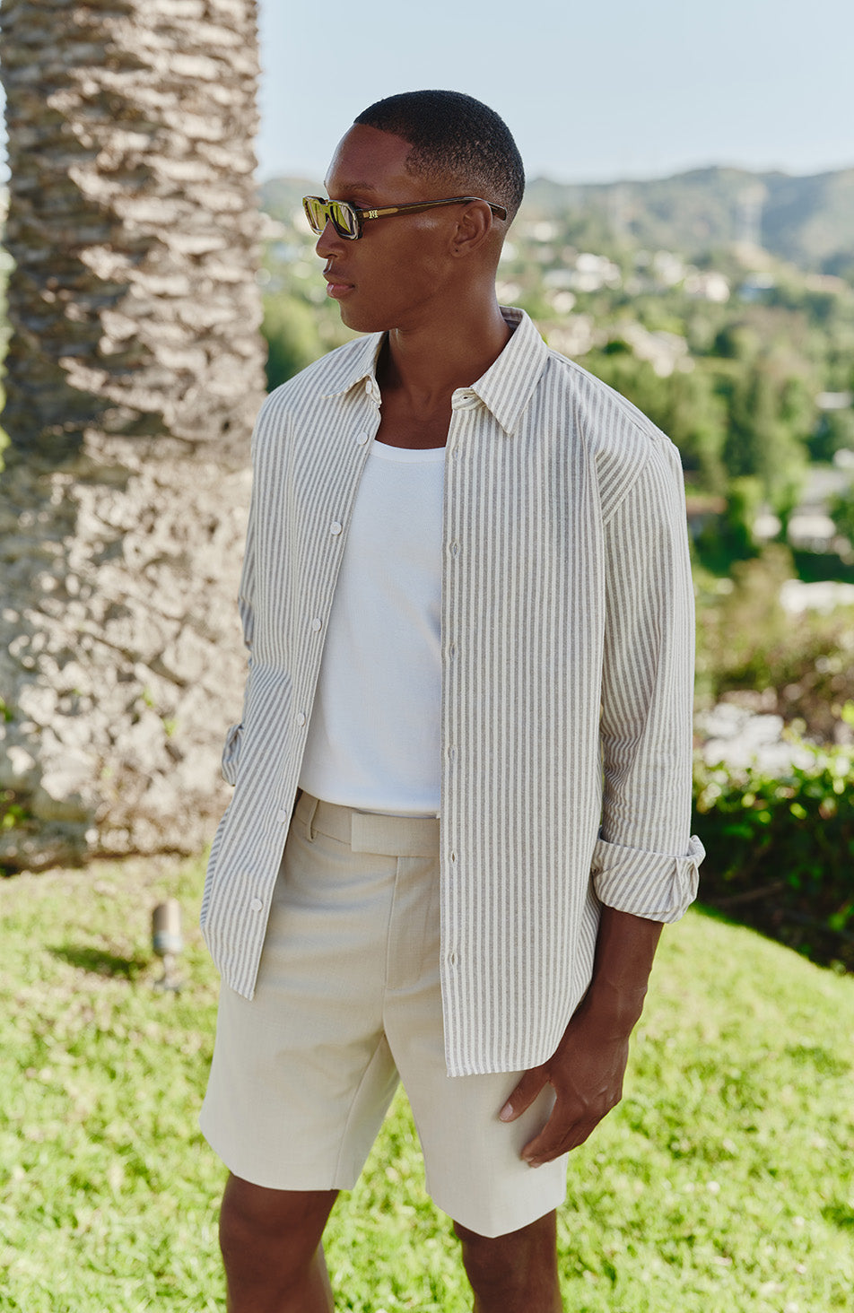 Balencio Embroidered Stripe Shirt in Beige and White