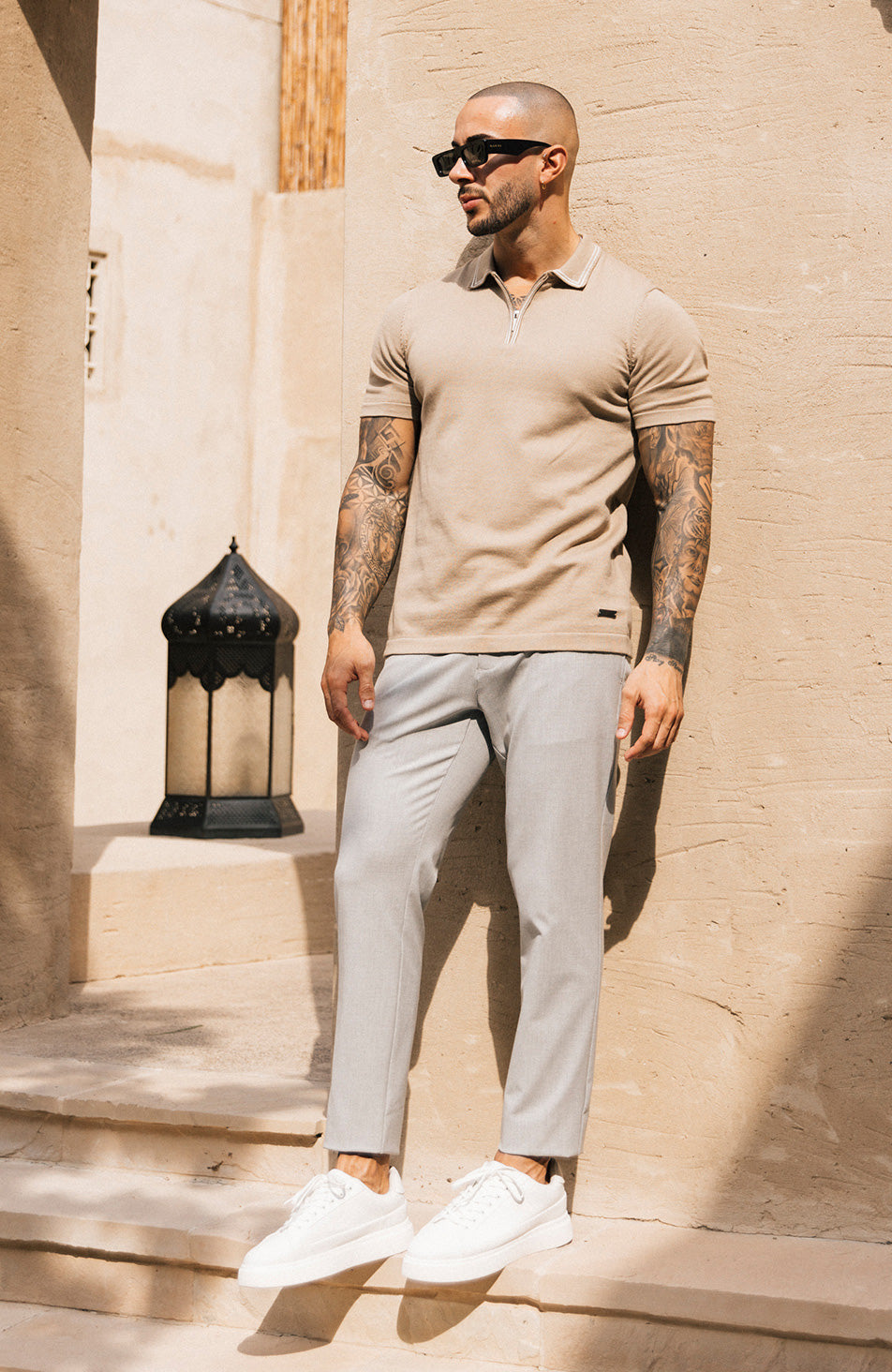 Newbury Slim Zip Knit Polo in Taupe