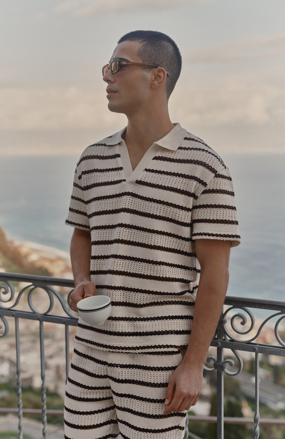 Romano Boxy Stripe Polo in Beige and Brown