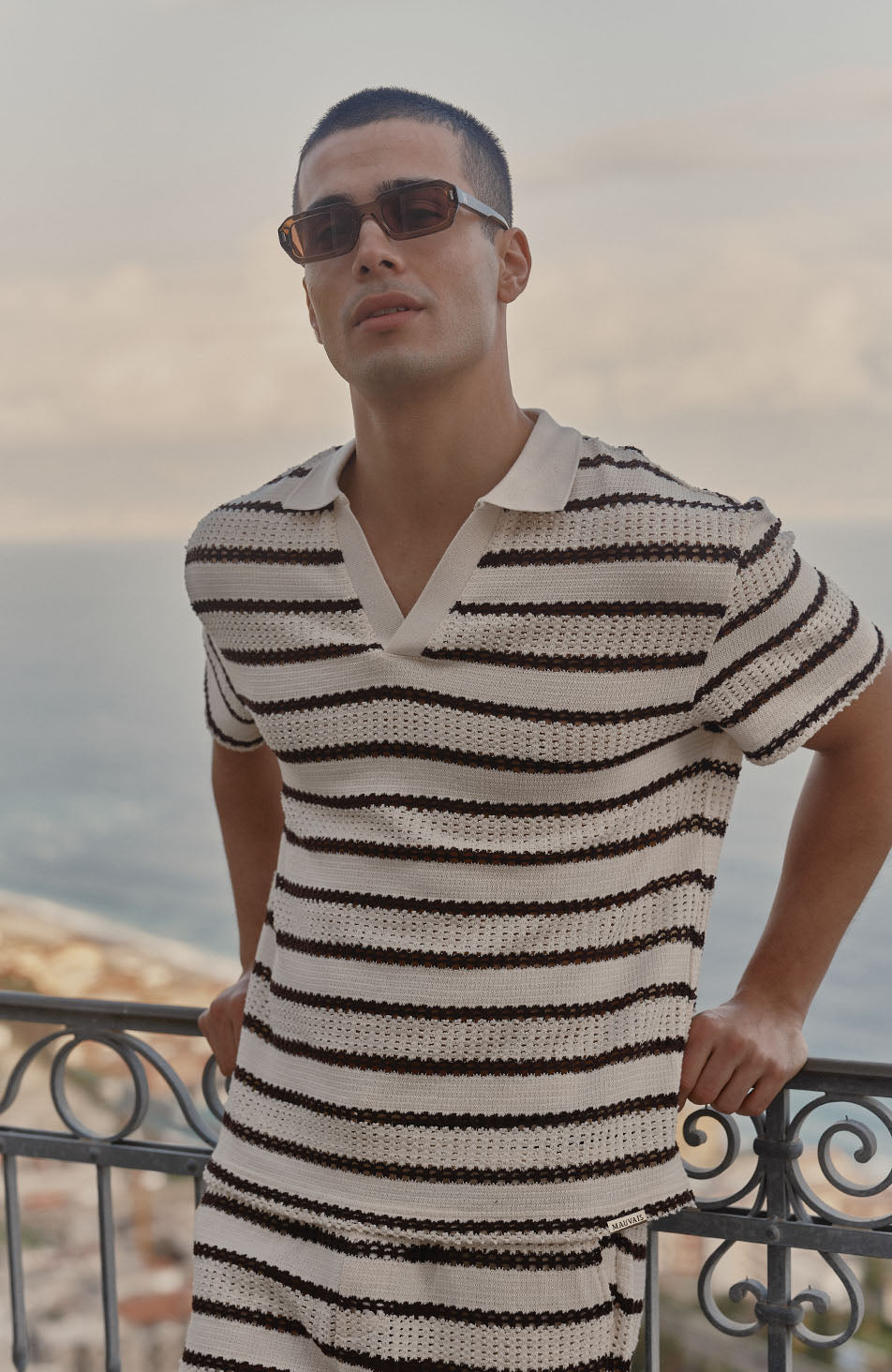 Romano Boxy Stripe Polo in Beige and Brown