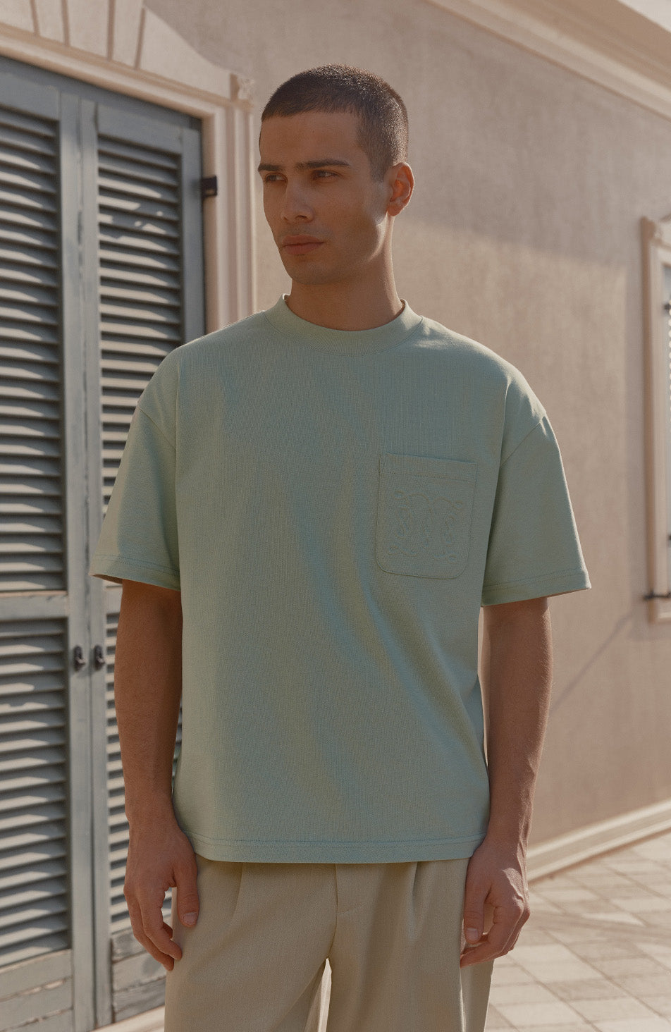 Embossed Monogram Pocket T-Shirt in Sage