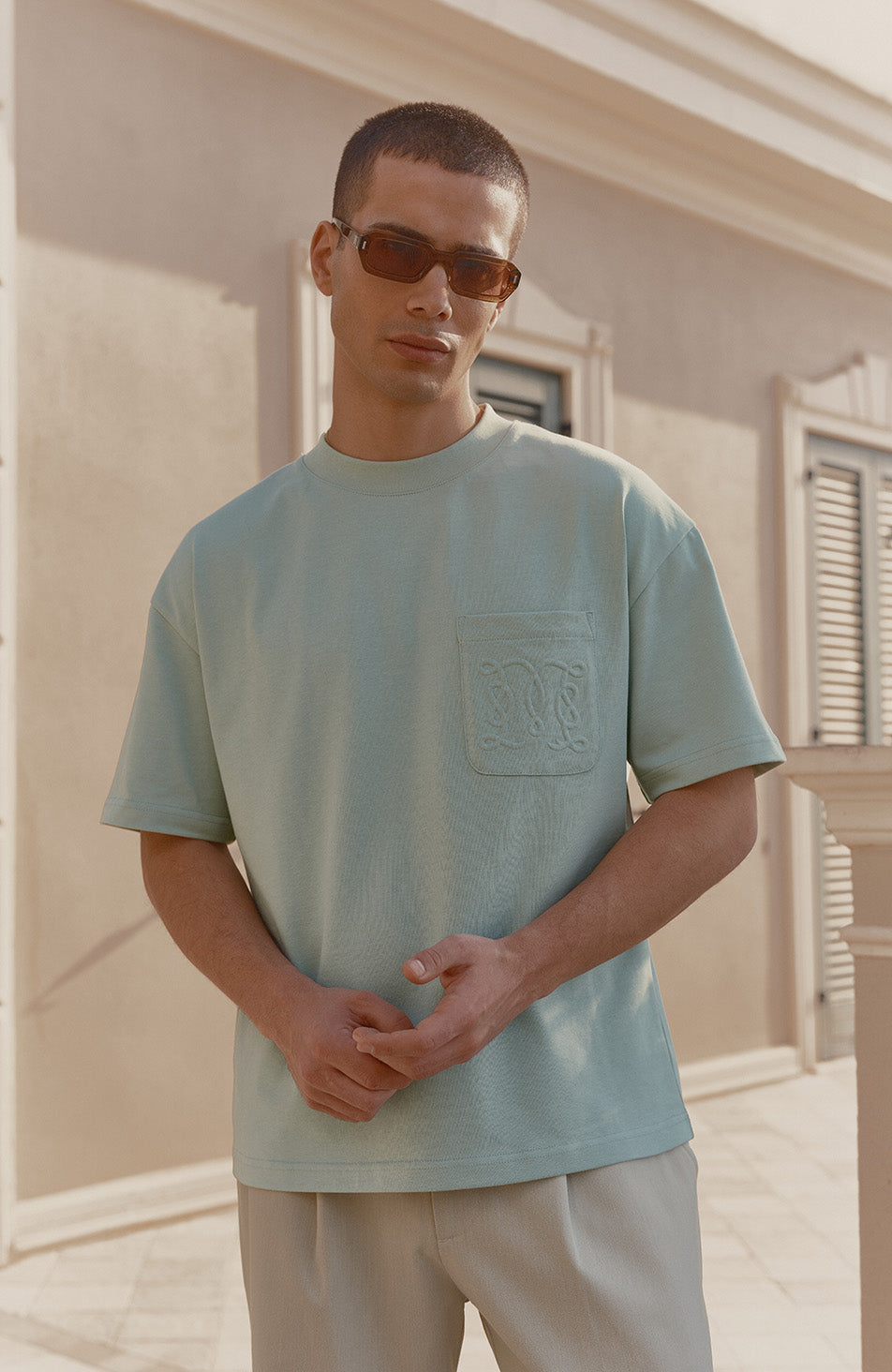 Embossed Monogram Pocket T-Shirt in Sage