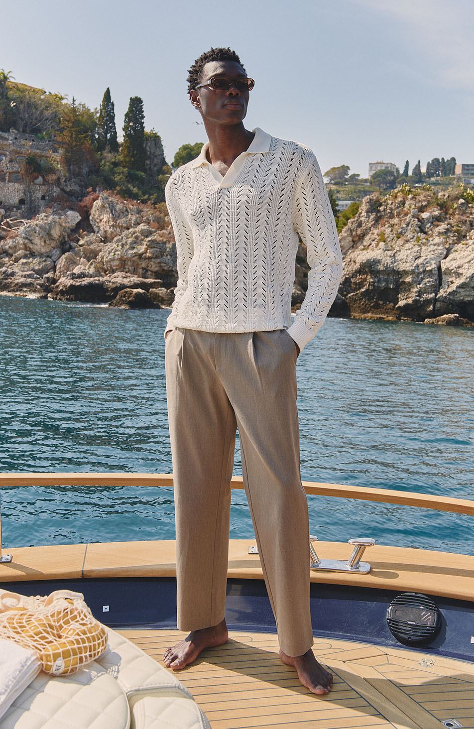 Capri Pointelle Open Collar Polo in Cream