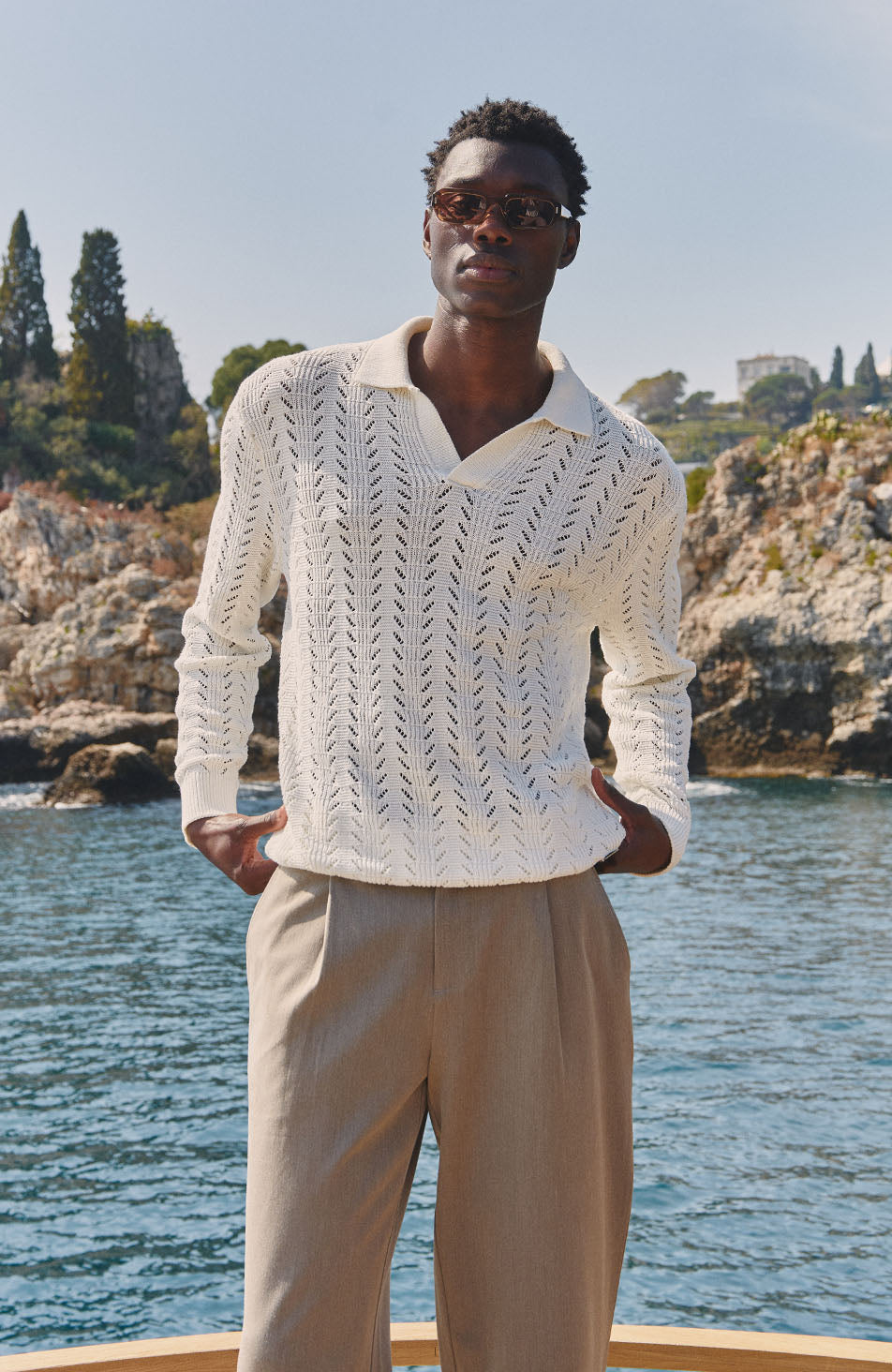 Capri Long Sleeve Pointelle Polo in Cream