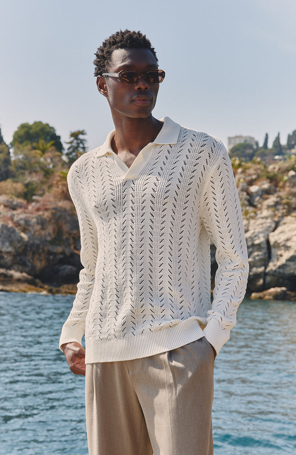 Capri Long Sleeve Pointelle Polo in Cream