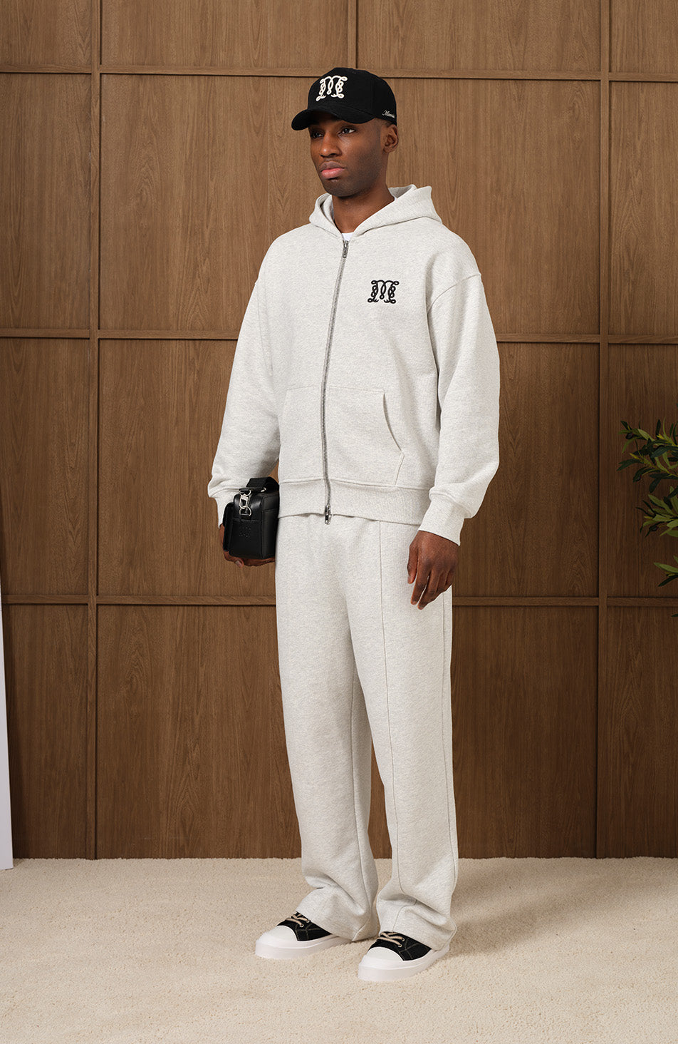 Embroidered Monogram Wide Leg Joggers in Grey Marl