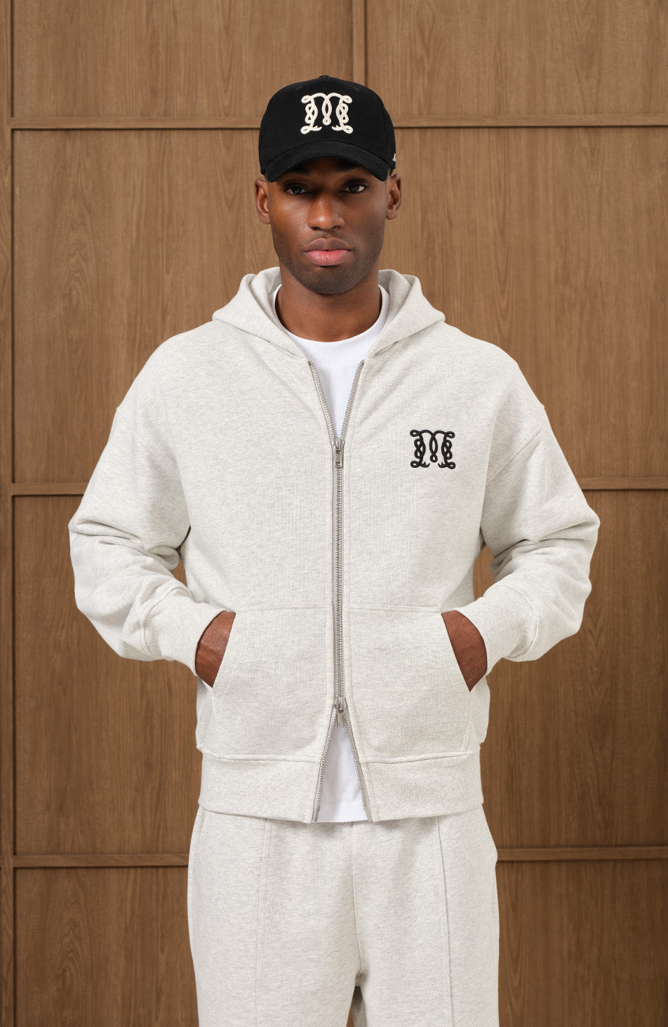Embroidered Monogram Zip Through Hoodie in Grey Marl