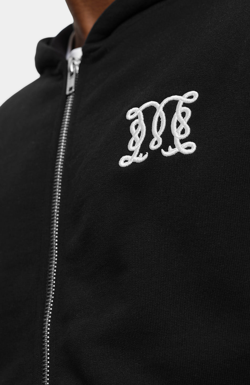 Embroidered Monogram Zip Through Hoodie in Black