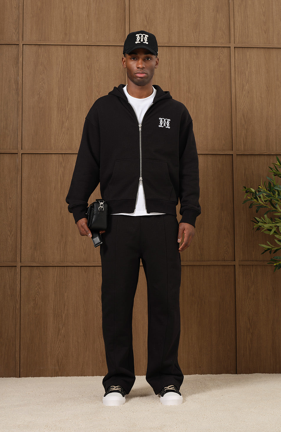 Embroidered Monogram Zip Through Hoodie in Black