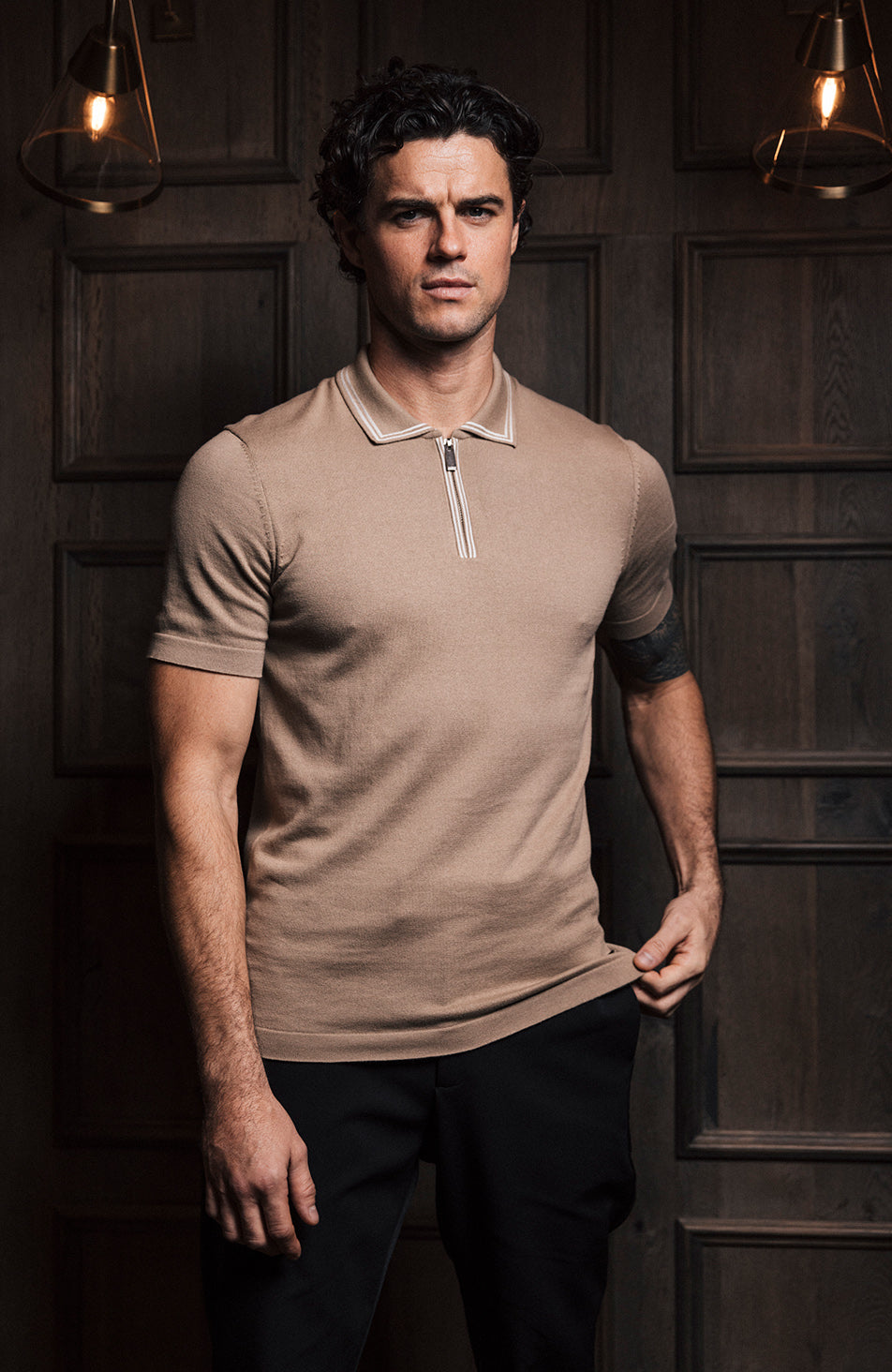 Newbury Slim Knit Piping Zip Polo in Taupe