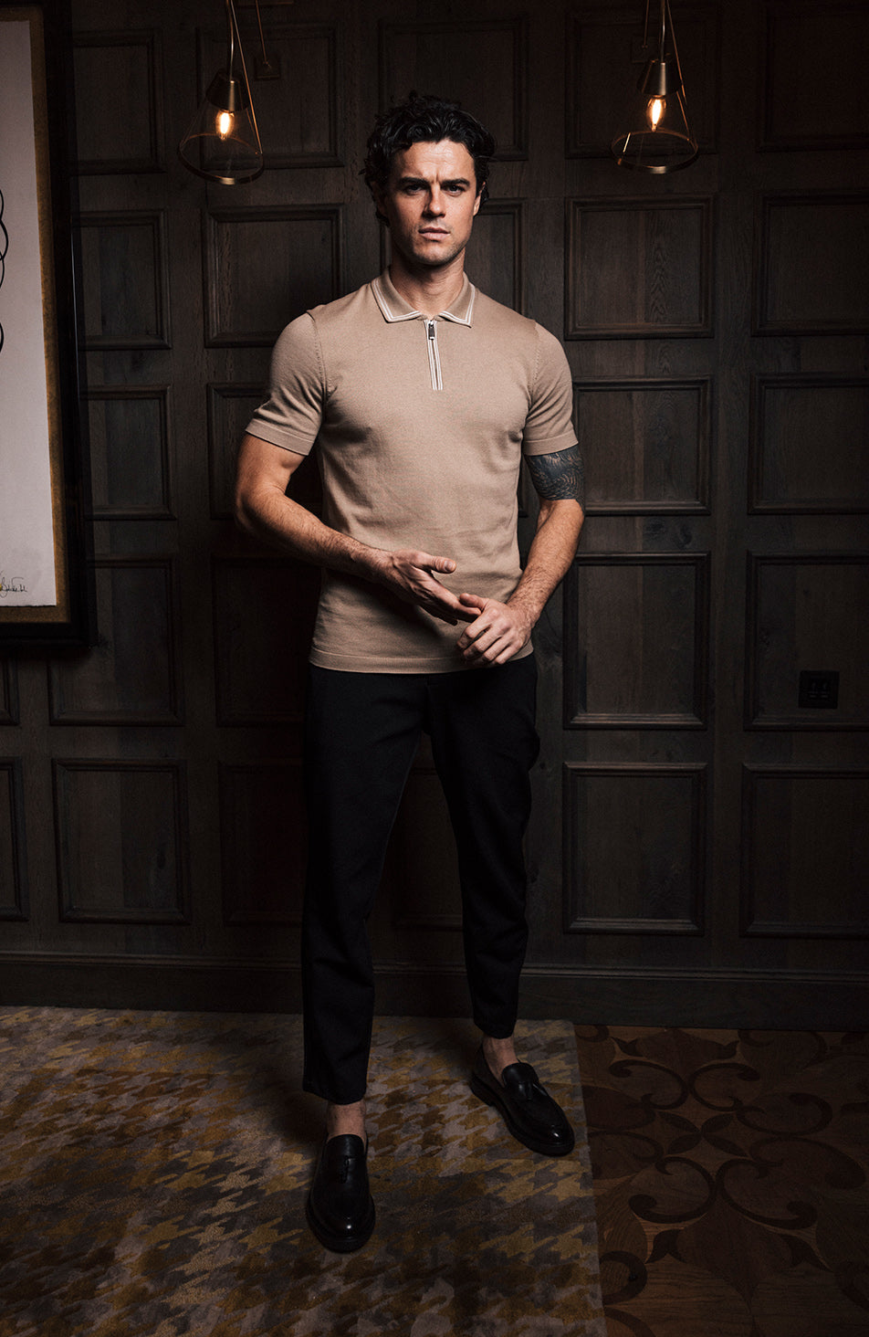 Newbury Slim Knit Piping Zip Polo in Caramel