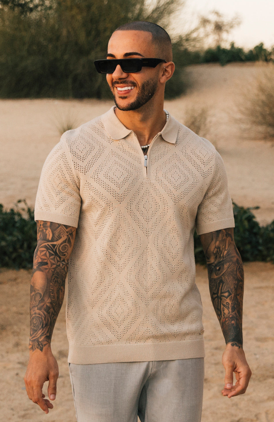 Chalbi Slim Fit Knit Pointelle Zip Polo in Beige