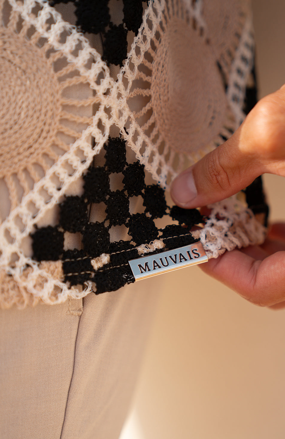 Paraiso Square Crochet Knit Shirt in Taupe and Black