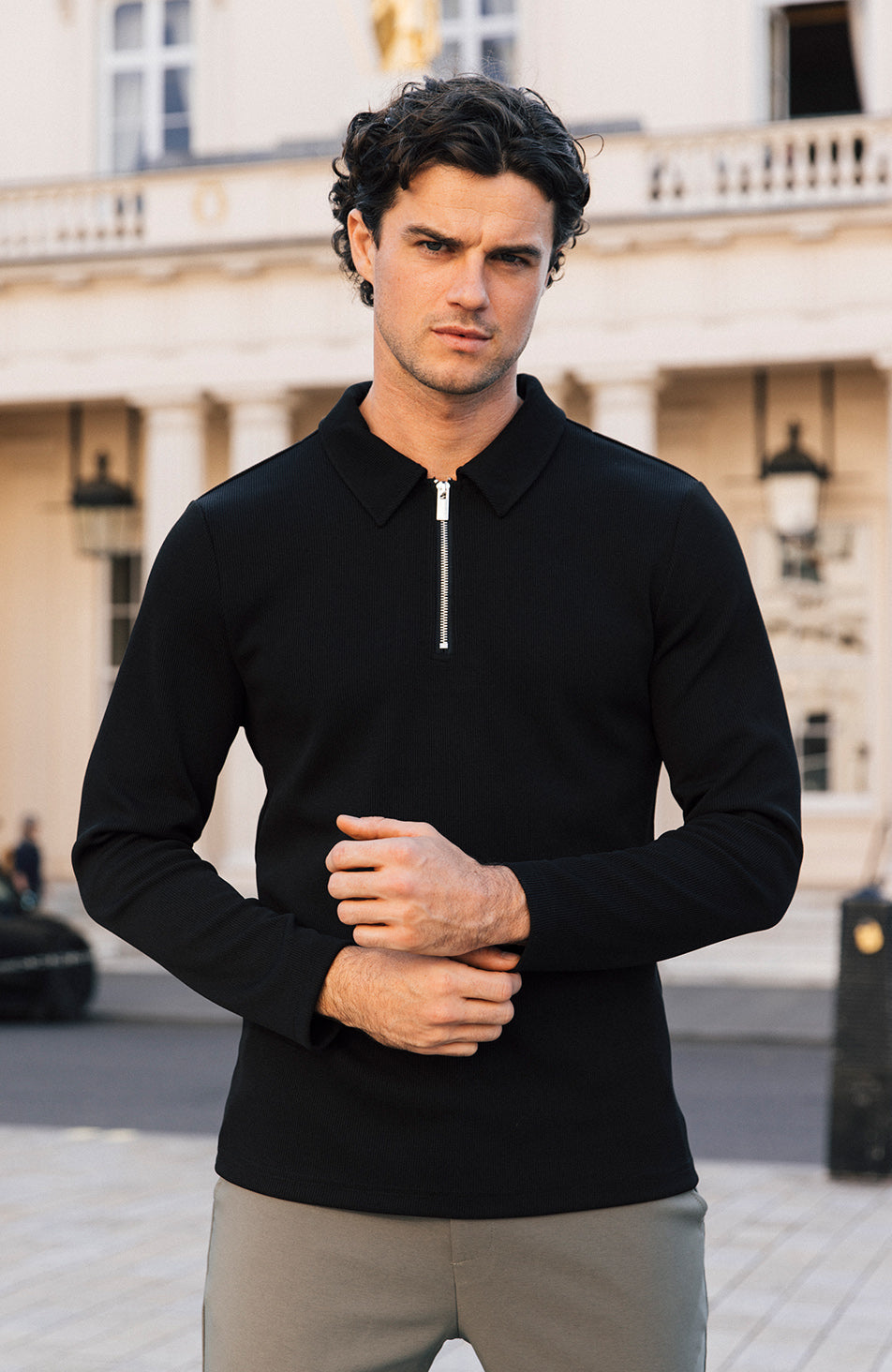 Rivoli Premium Rib Long Sleeve Zip Polo in Black