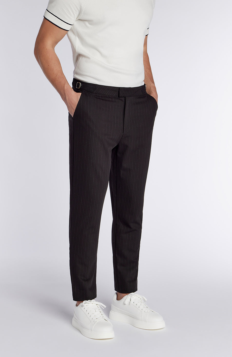 Savile Slim Pinstripe Chino Trousers in Black