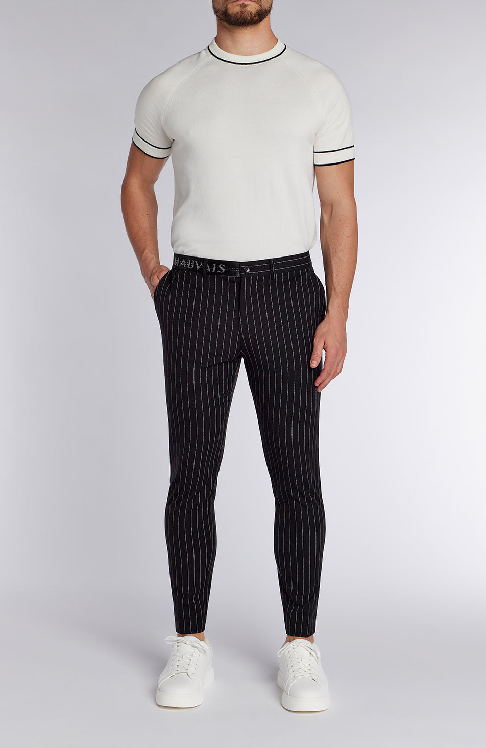 Signature Half Belt Pants in Black Pinstripe