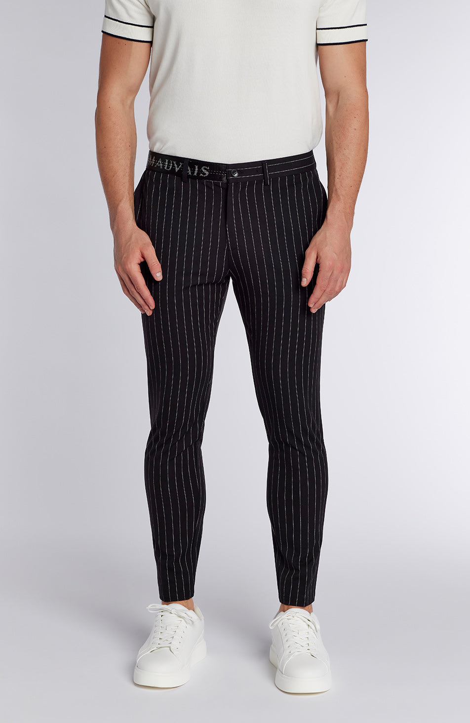 Signature Half Belt Pants in Black Pinstripe