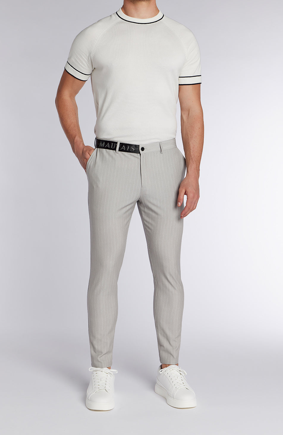 Signature Half Belt Pants in Grey Pinstripe